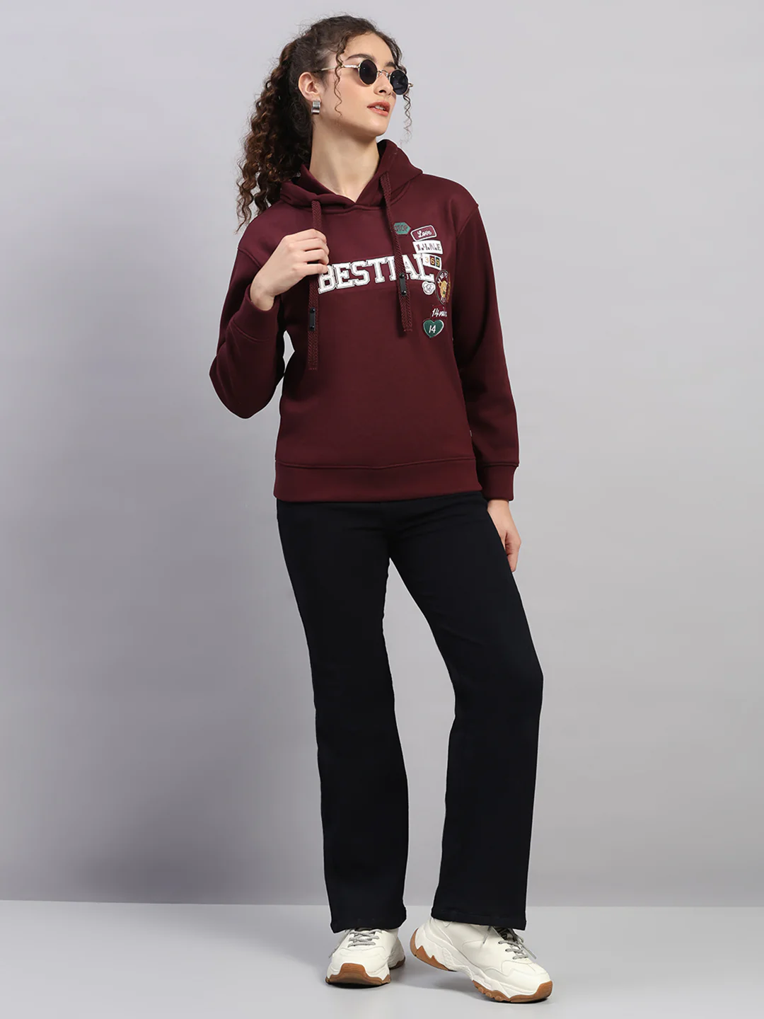 Women Burgundy Printed Hooded Full Sleeve Sweatshirt - Image 2