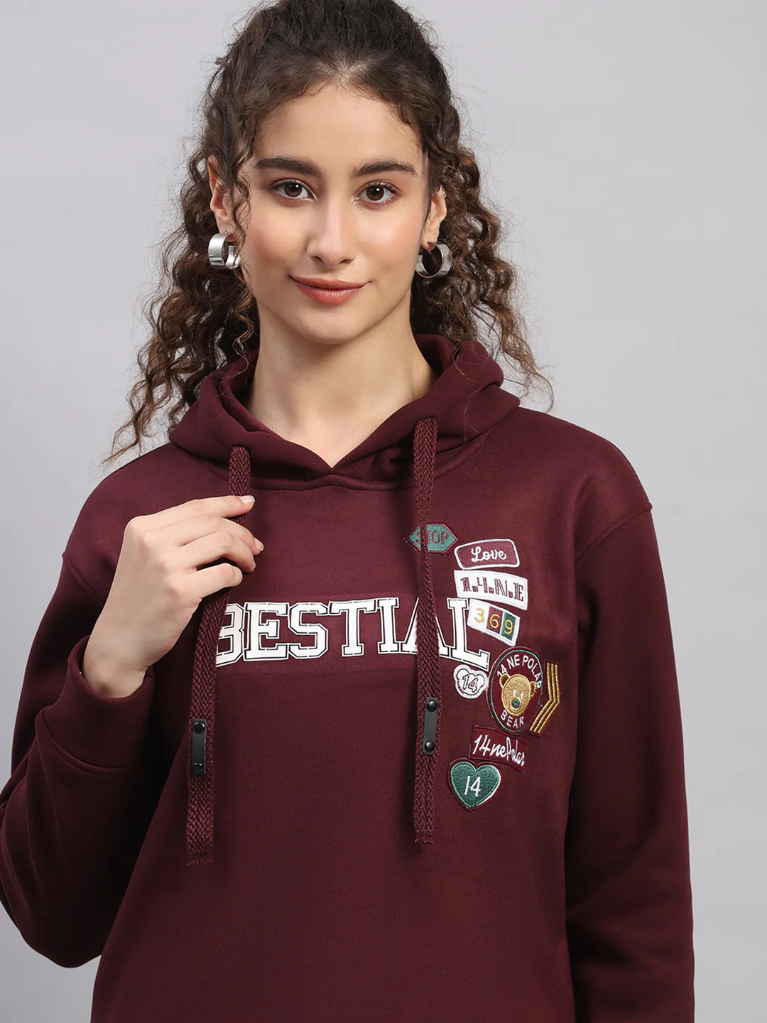 Women Burgundy Printed Hooded Full Sleeve Sweatshirt - Image 6