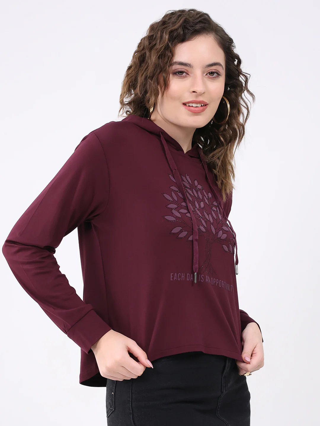 Women Burgundy Printed Hooded Full Sleeve Winter Top - Image 4