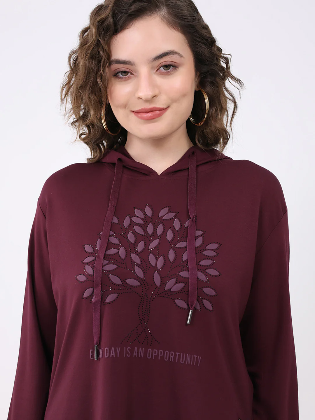 Women Burgundy Printed Hooded Full Sleeve Winter Top - Image 6