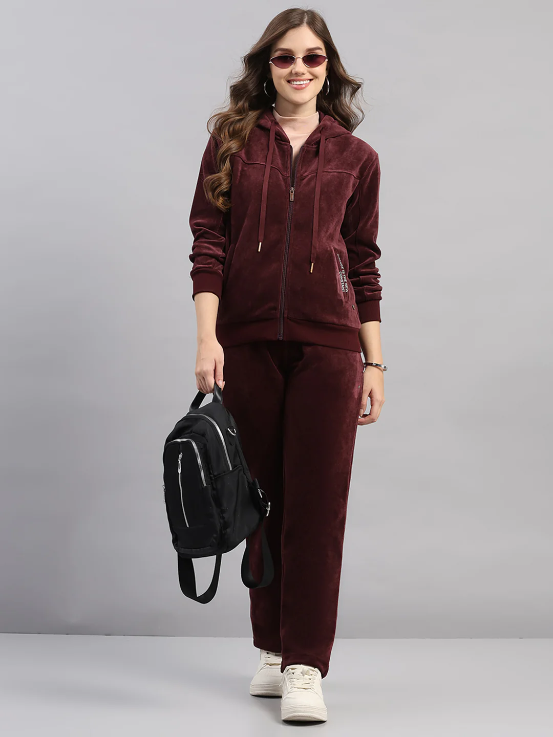 Women Burgundy Printed Hooded Full Sleeve Winter Tracksuit - Image 2