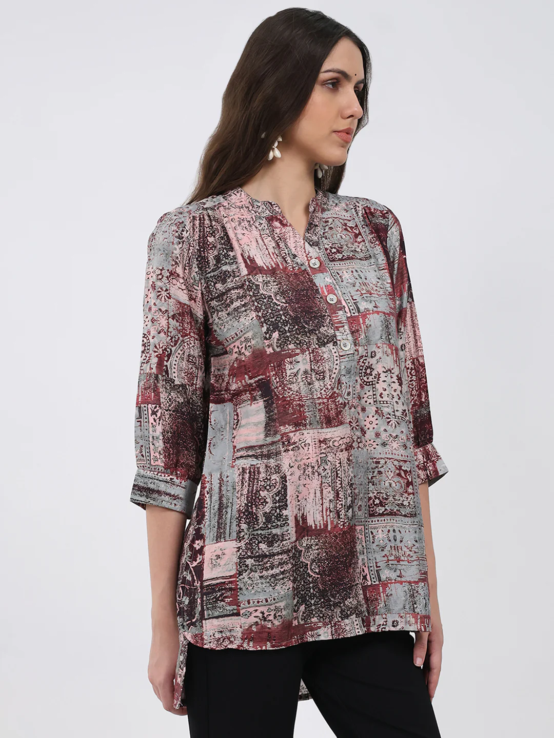 Women Burgundy Printed Round Neck 3/4th Sleeve Winter Kurti - Image 4