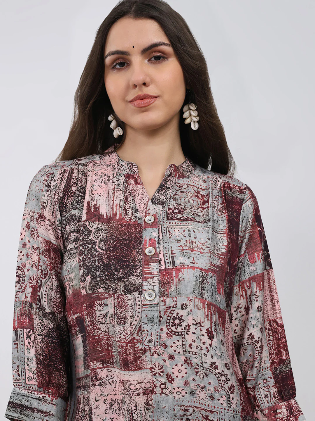 Women Burgundy Printed Round Neck 3/4th Sleeve Winter Kurti - Image 6
