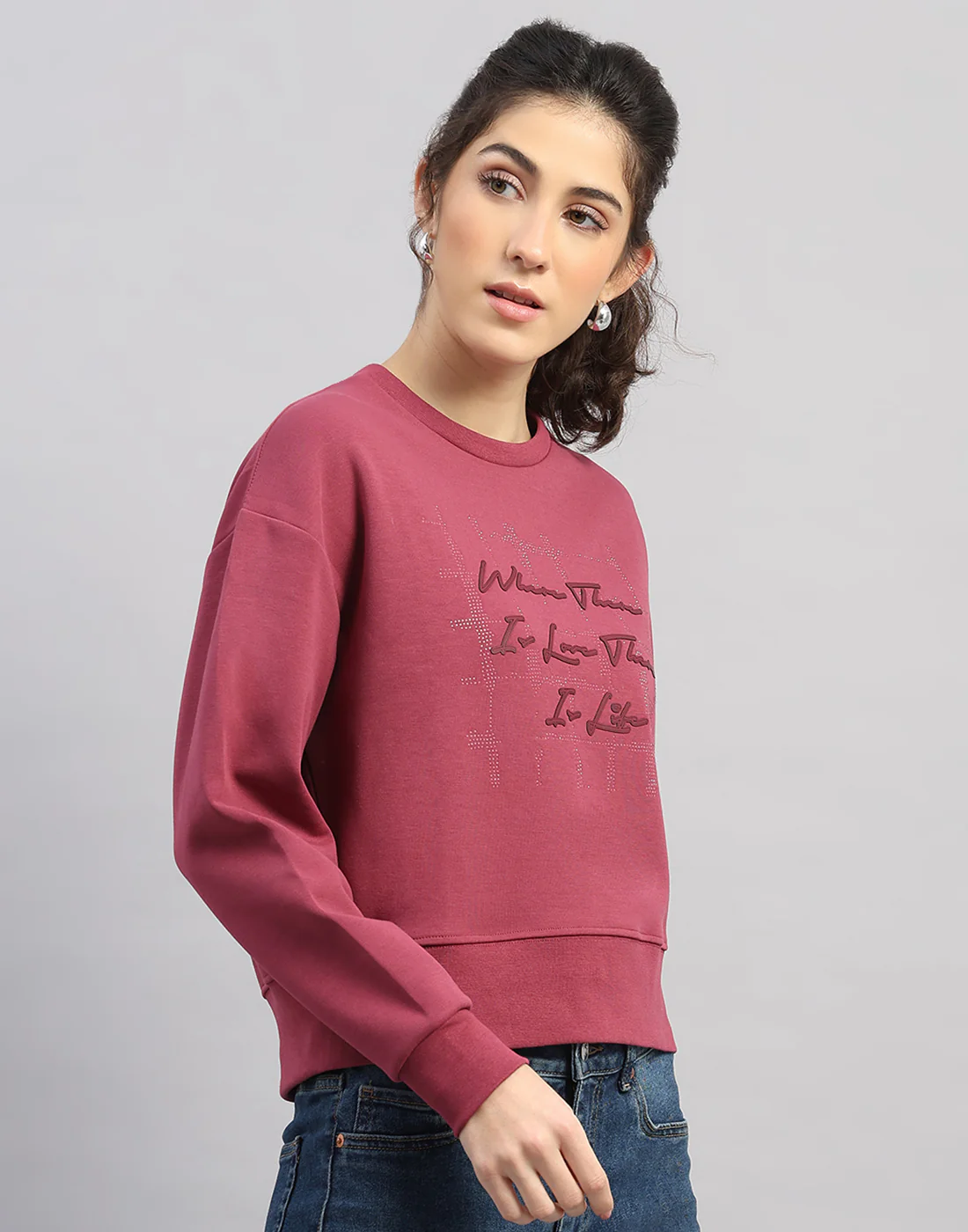 Women Burgundy Printed Round Neck Full Sleeve Sweatshirt - Image 3