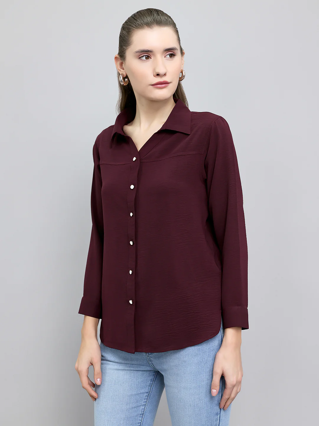 Women Burgundy Self Design Collar Full Sleeve Top - Image 2