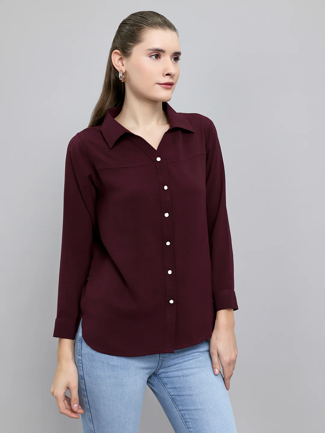 Women Burgundy Self Design Collar Full Sleeve Top - Image 3