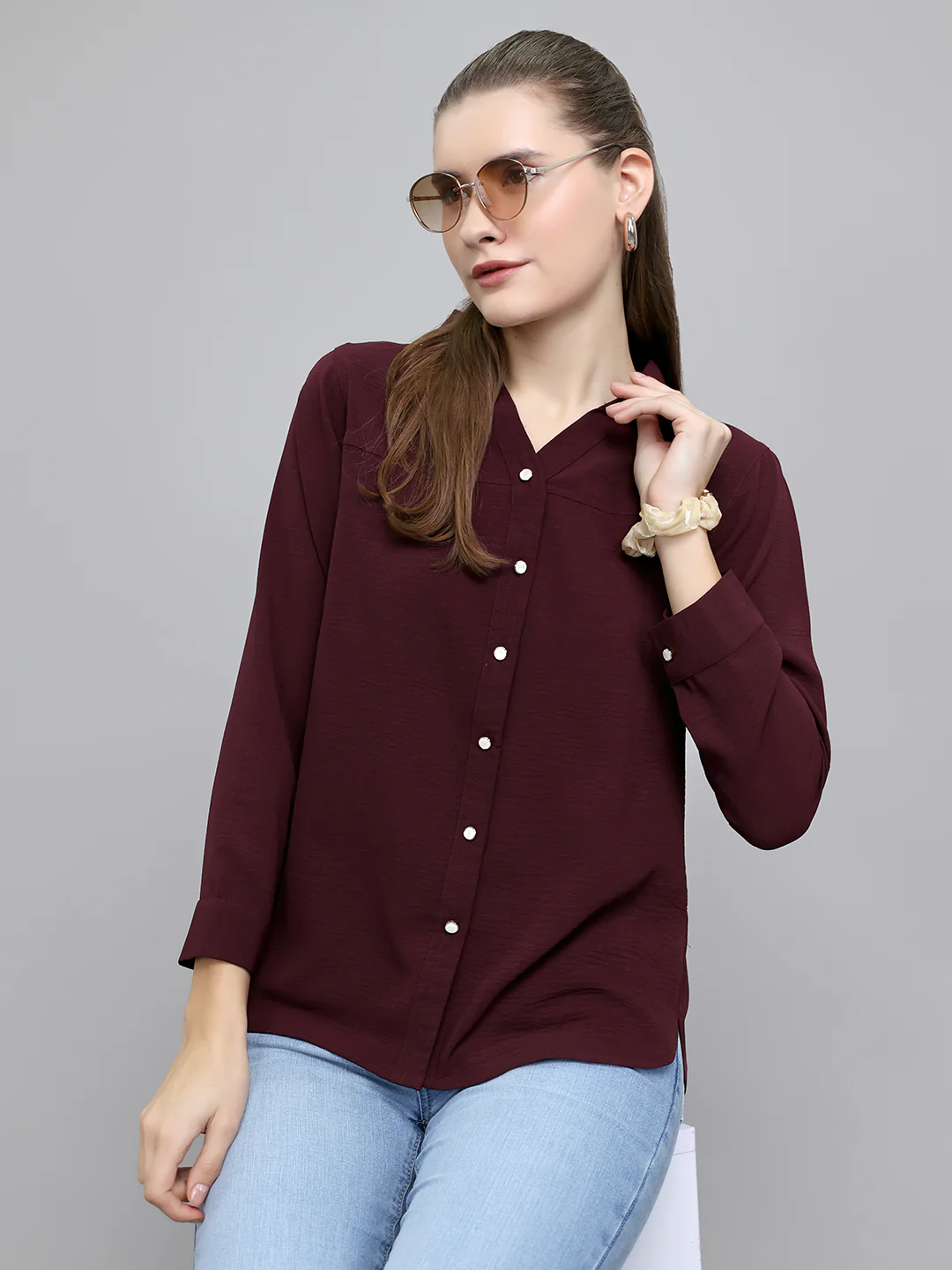 Women Burgundy Self Design Collar Full Sleeve Top - Image 7