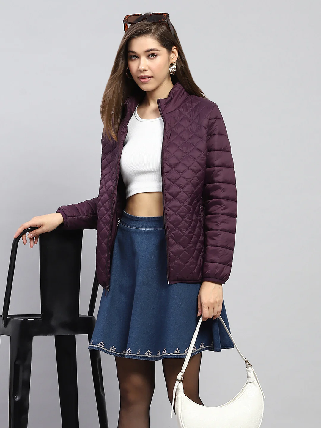 Women Burgundy Self Design Mock Neck Full Sleeve Jacket - Image 6