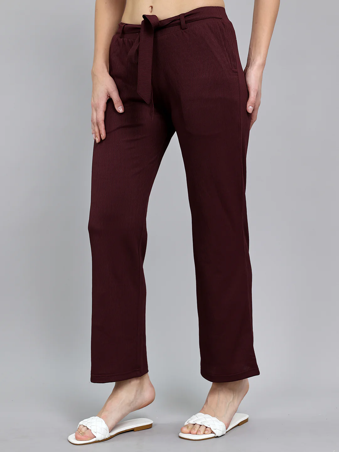 Women Burgundy Self Design Regular Fit Lower - Image 2