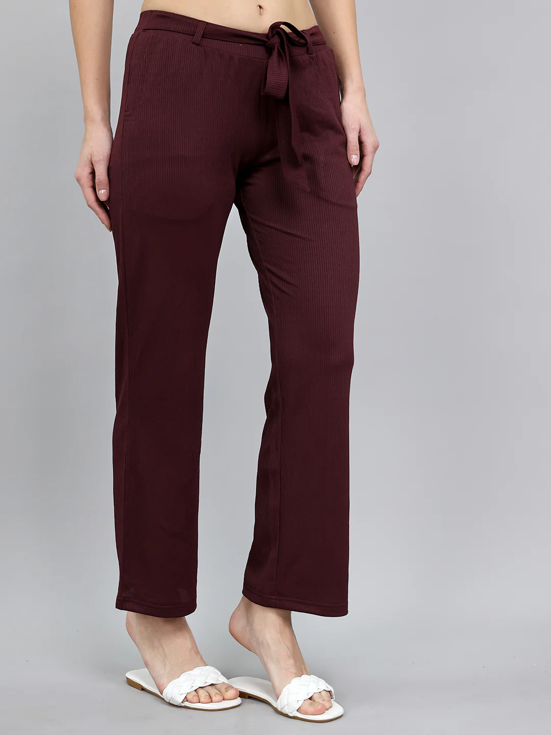 Women Burgundy Self Design Regular Fit Lower - Image 3