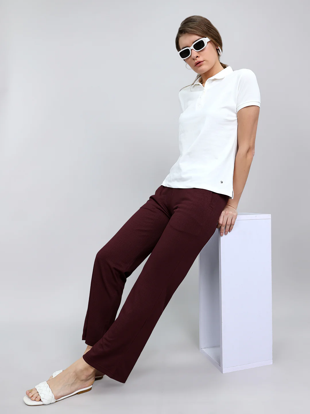 Women Burgundy Self Design Regular Fit Lower - Image 5
