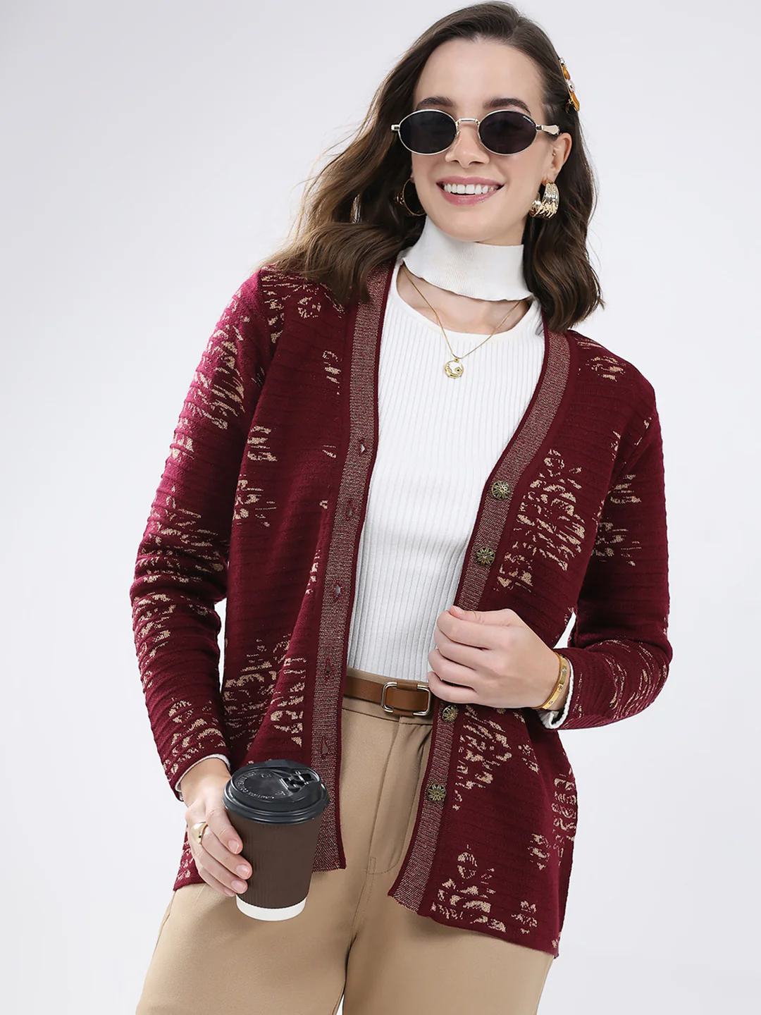 Women Burgundy Self Design V Neck Full Sleeve Cardigan - Image 6