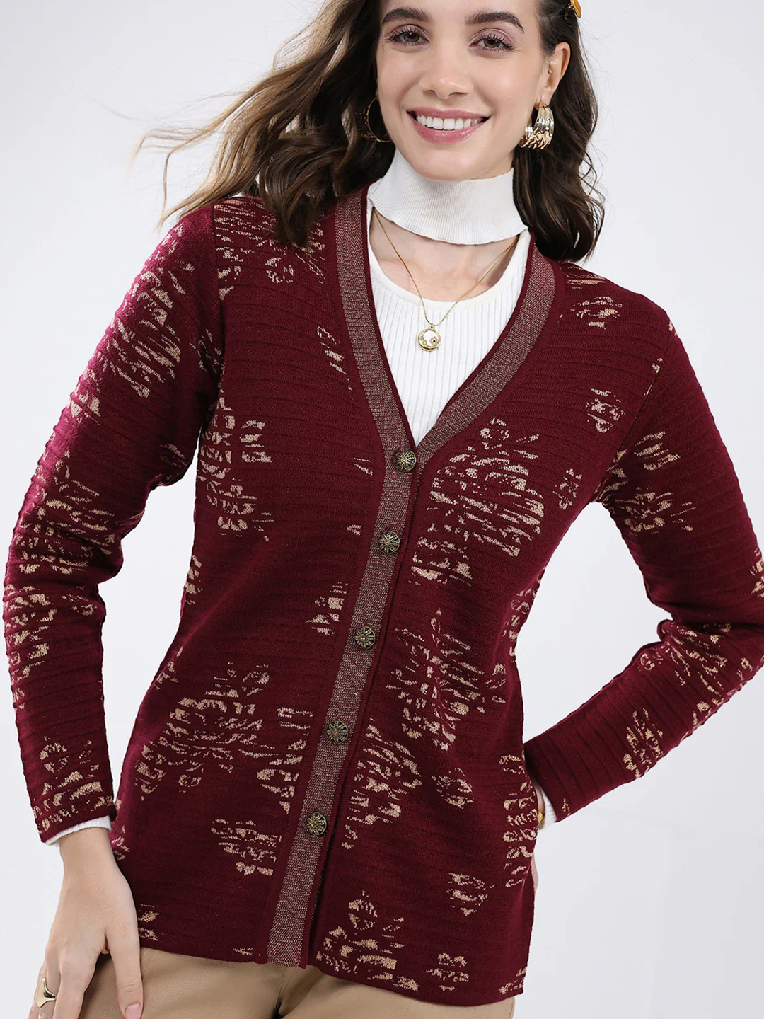 Women Burgundy Self Design V Neck Full Sleeve Cardigan - Image 7