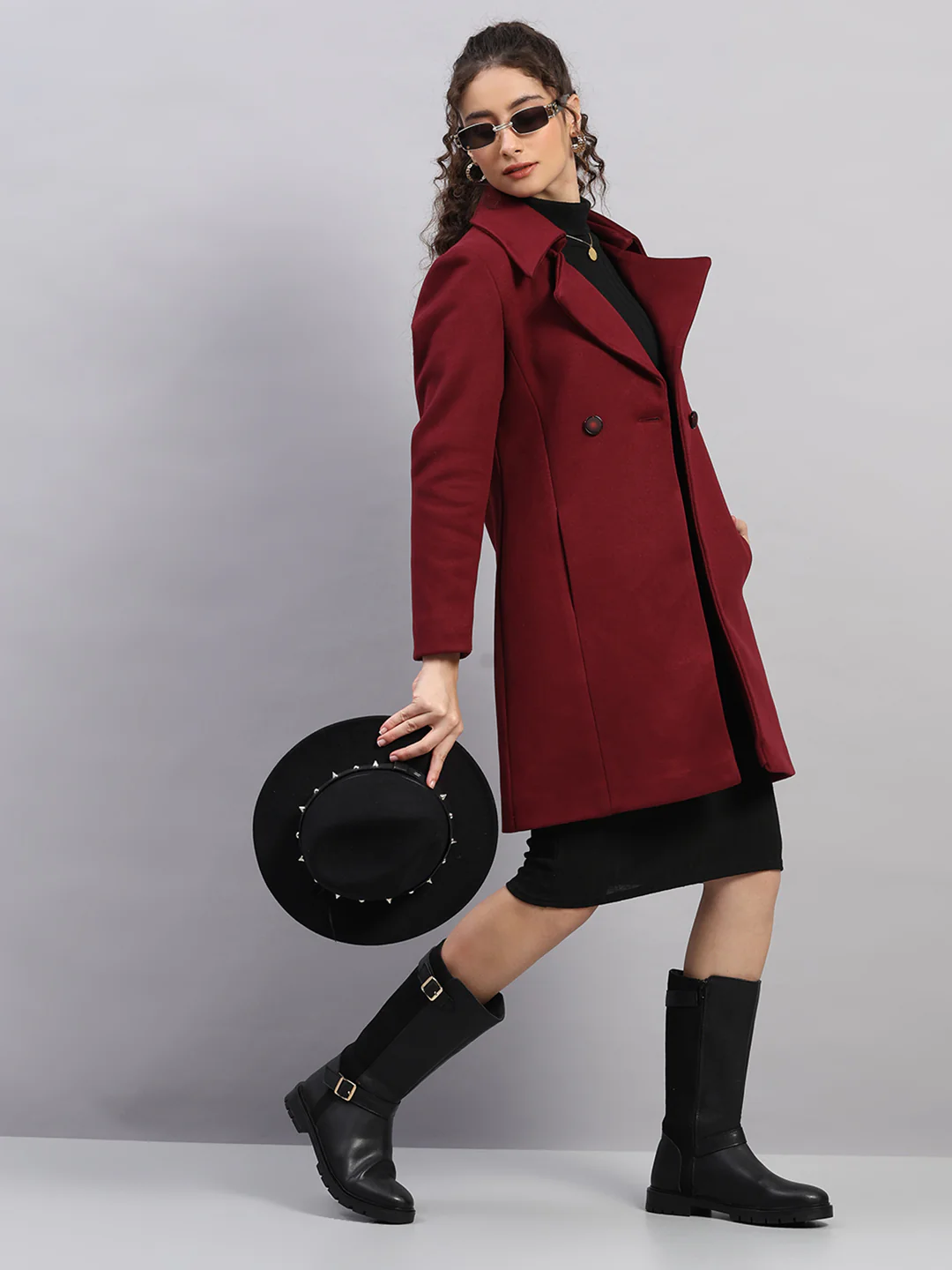 Women Burgundy Solid Collar Full Sleeve Coat - Image 2