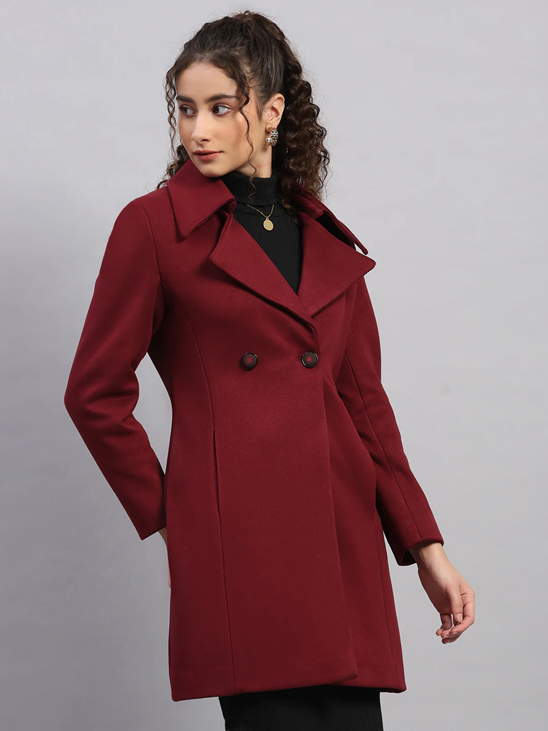 Women Burgundy Solid Collar Full Sleeve Coat - Image 4