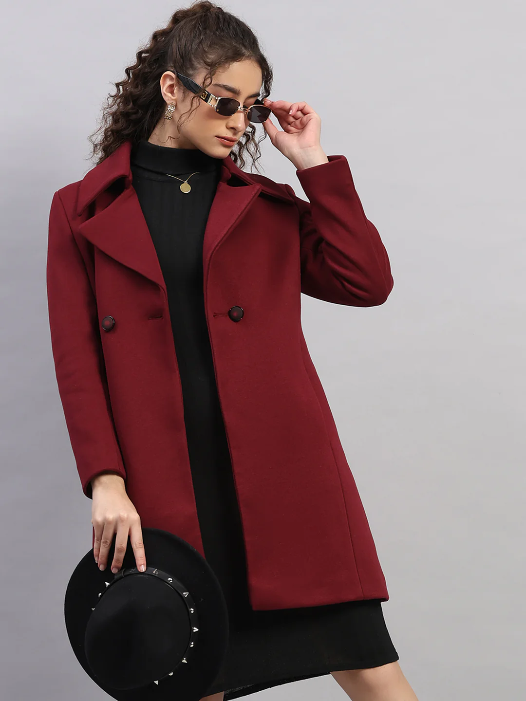 Women Burgundy Solid Collar Full Sleeve Coat - Image 6
