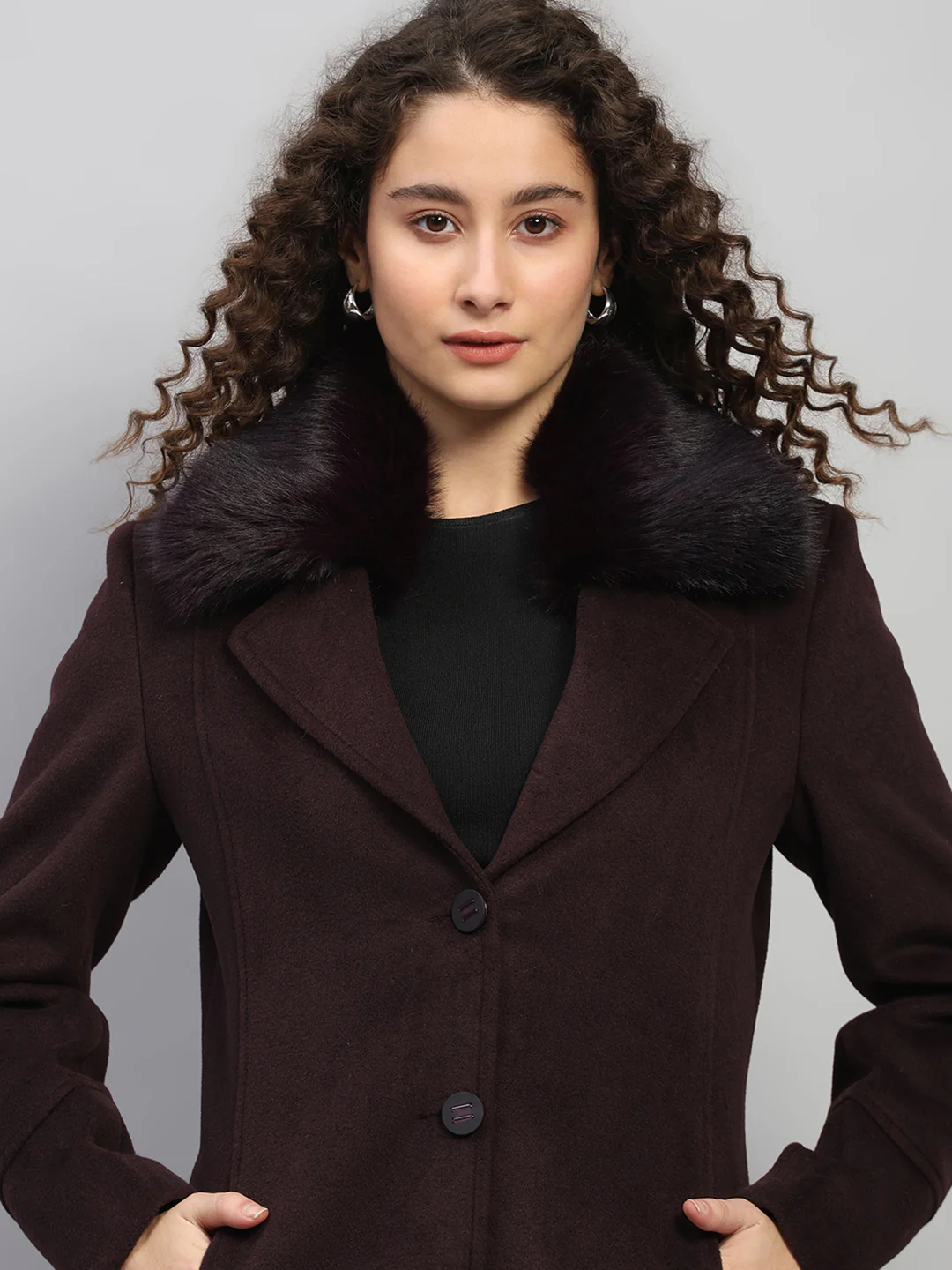 Women Burgundy Solid Collar Full Sleeve Coat - Image 7