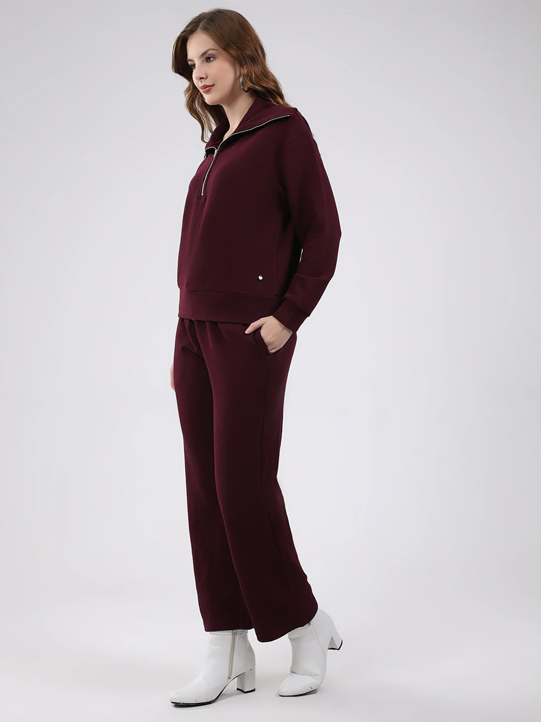 Women Burgundy Solid Collar Full Sleeve Cords Set - Image 3