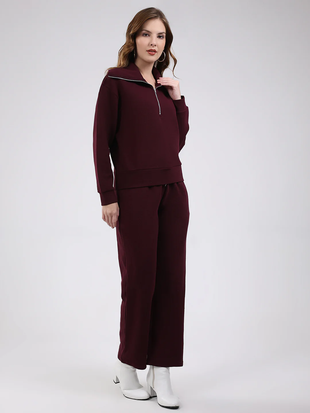 Women Burgundy Solid Collar Full Sleeve Cords Set - Image 4