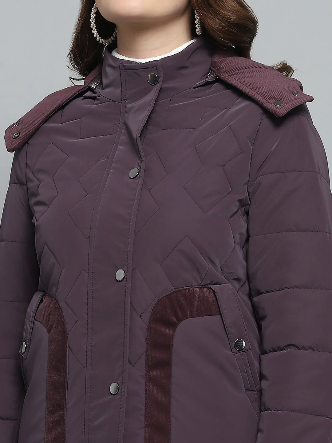 Women Burgundy Solid Detachable Hood Full Sleeve Jacket - Image 7