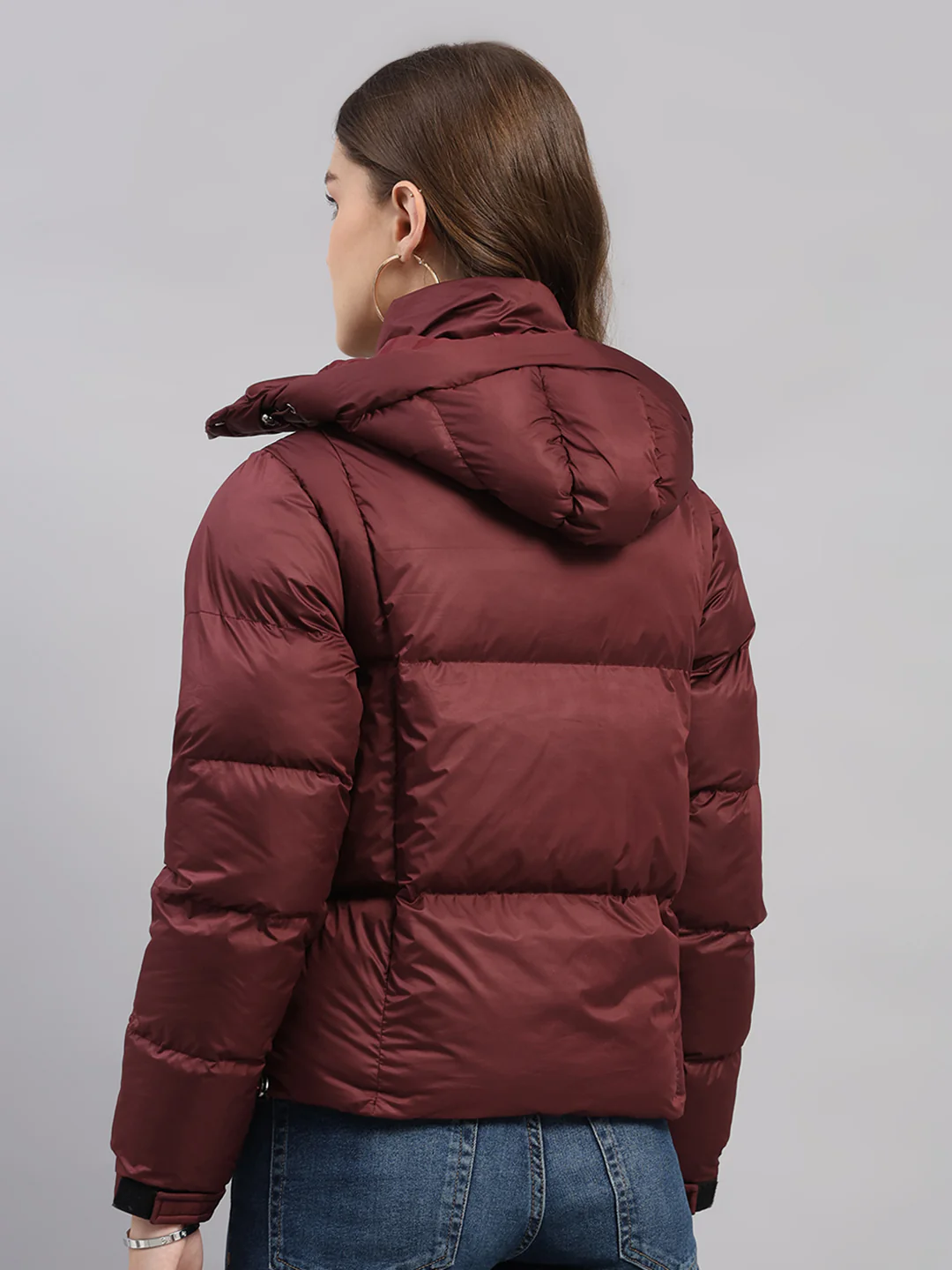 Women Burgundy Solid Hooded Full Sleeve Jacket - Image 5