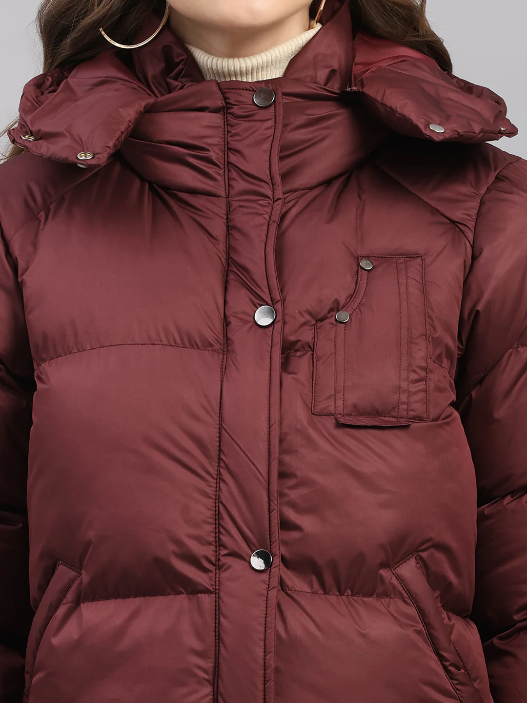 Women Burgundy Solid Hooded Full Sleeve Jacket - Image 7