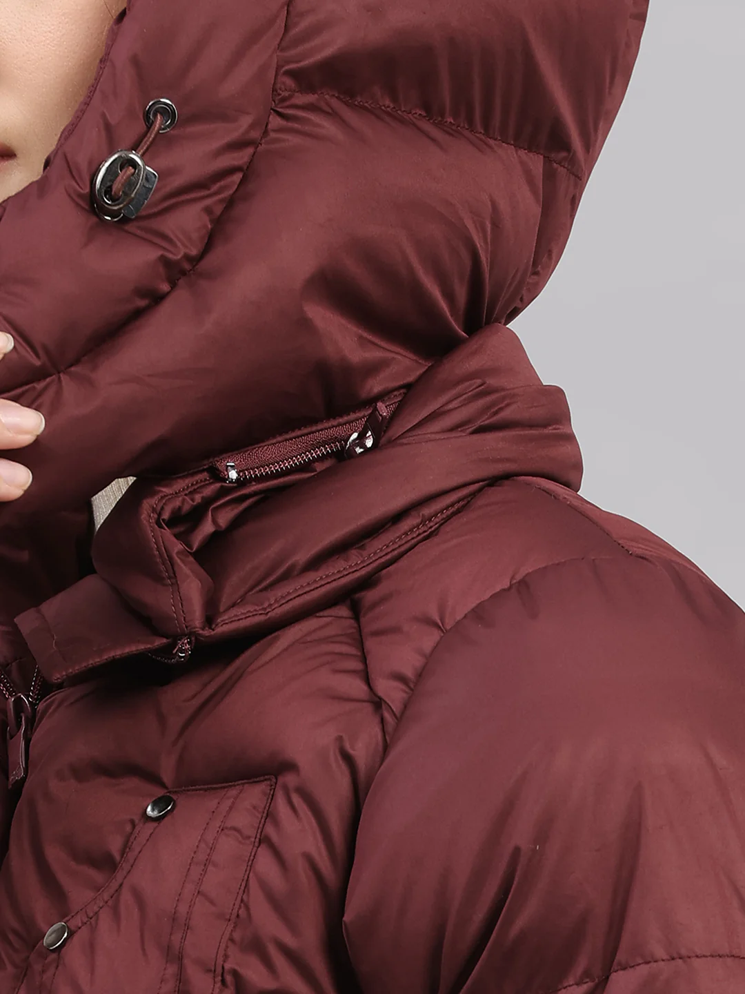 Women Burgundy Solid Hooded Full Sleeve Jacket - Image 8