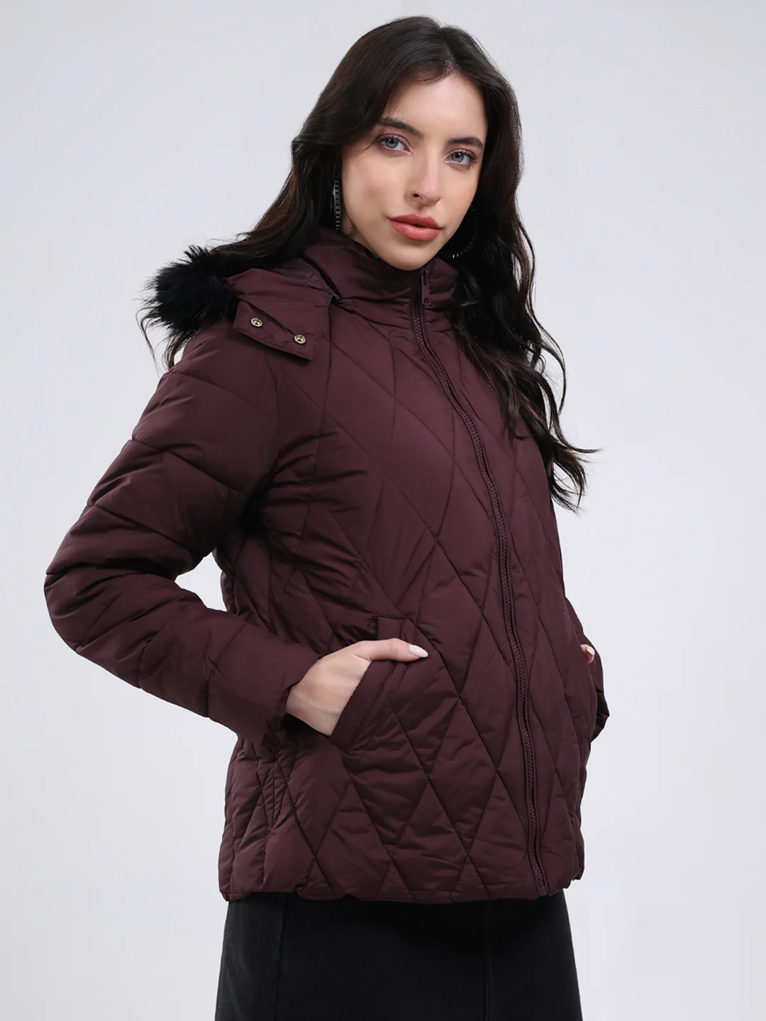 Women Burgundy Solid Hooded USB Intelligent Heating Jacket - Image 4