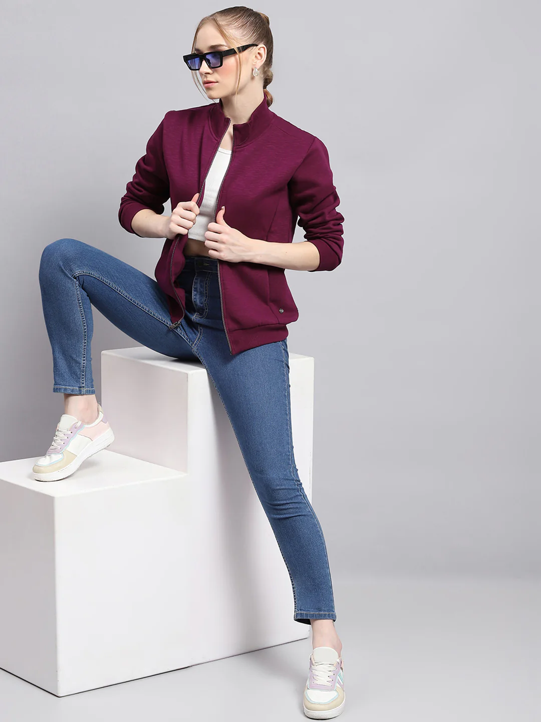 Women Burgundy Solid Mock Neck Full Sleeve Sweatshirt - Image 2