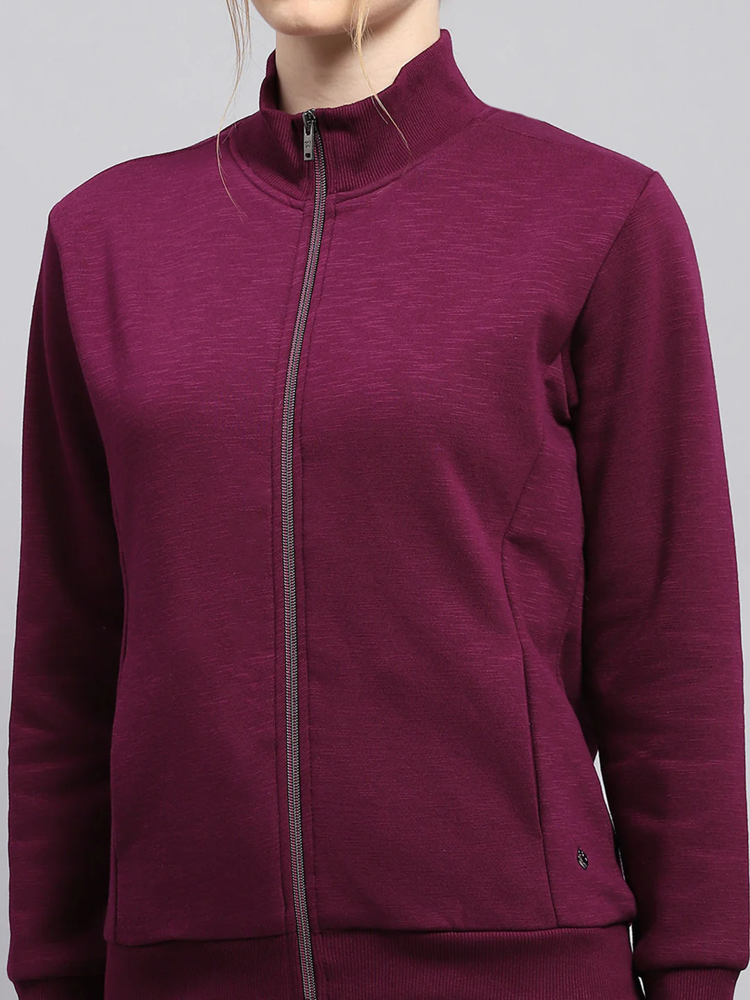Women Burgundy Solid Mock Neck Full Sleeve Sweatshirt - Image 6
