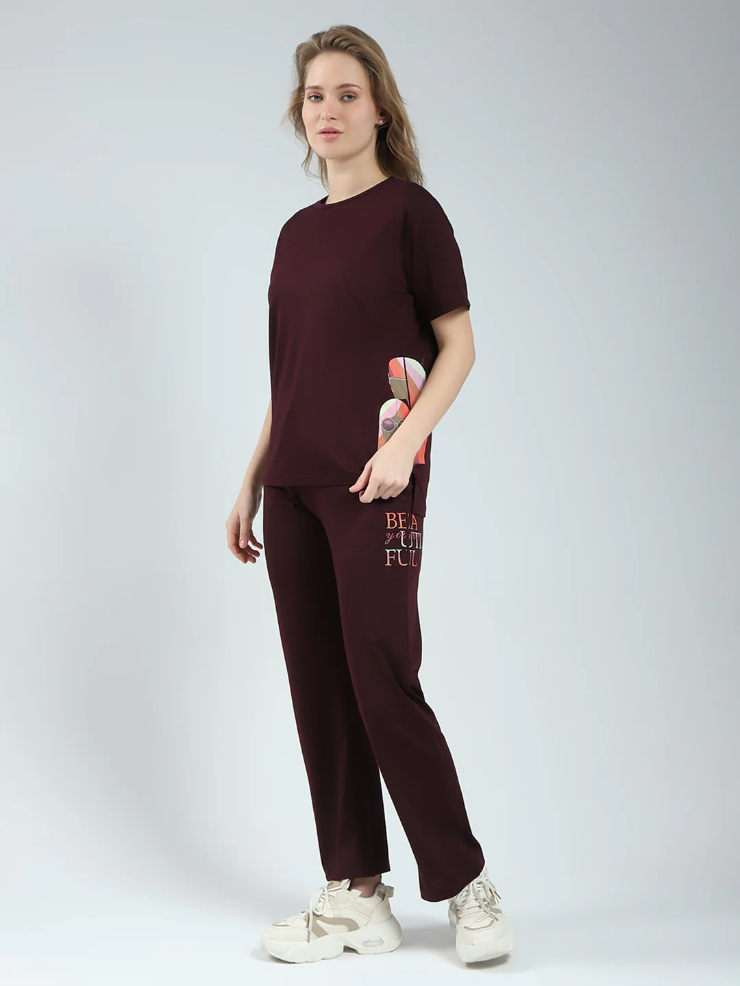 Women Burgundy Solid Round Neck Half Sleeve Lower Set - Image 3