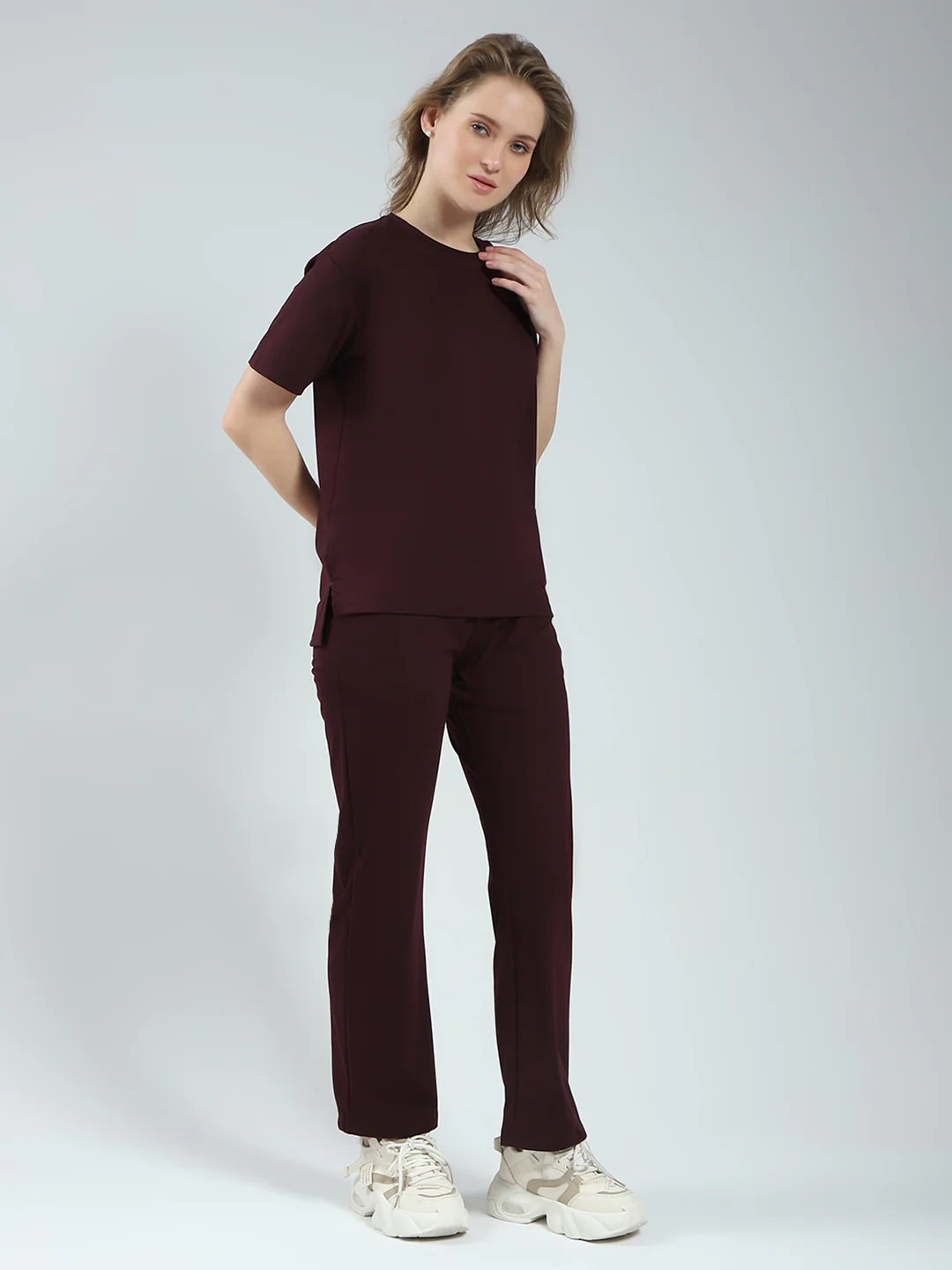 Women Burgundy Solid Round Neck Half Sleeve Lower Set - Image 4