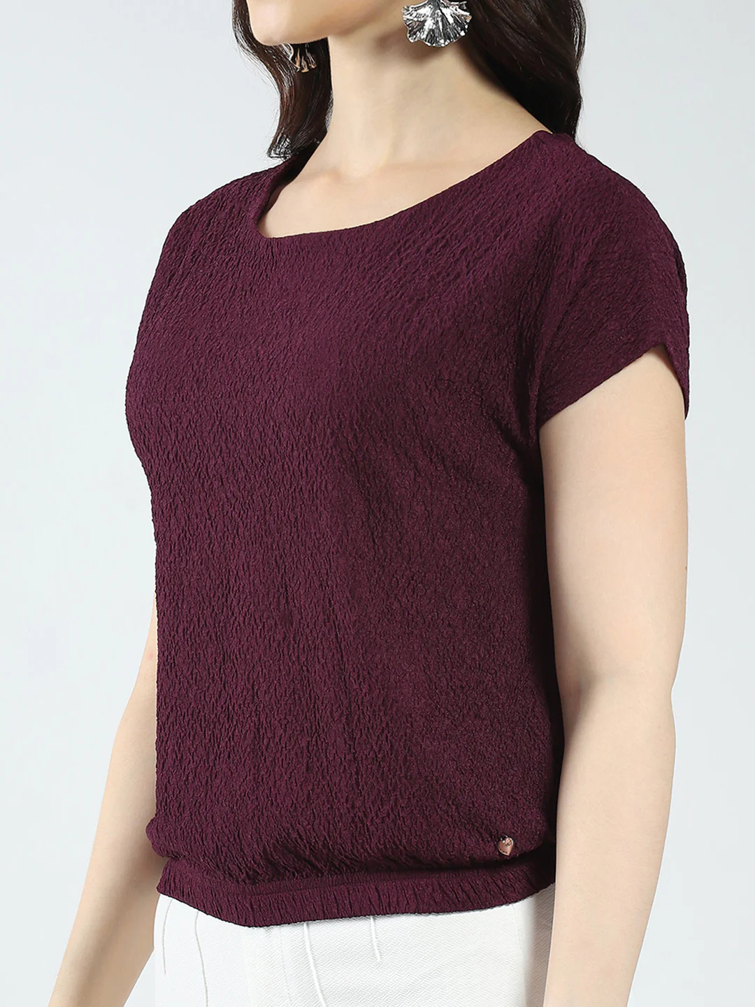 Women Burgundy Solid Round Neck Half Sleeve Top - Image 7