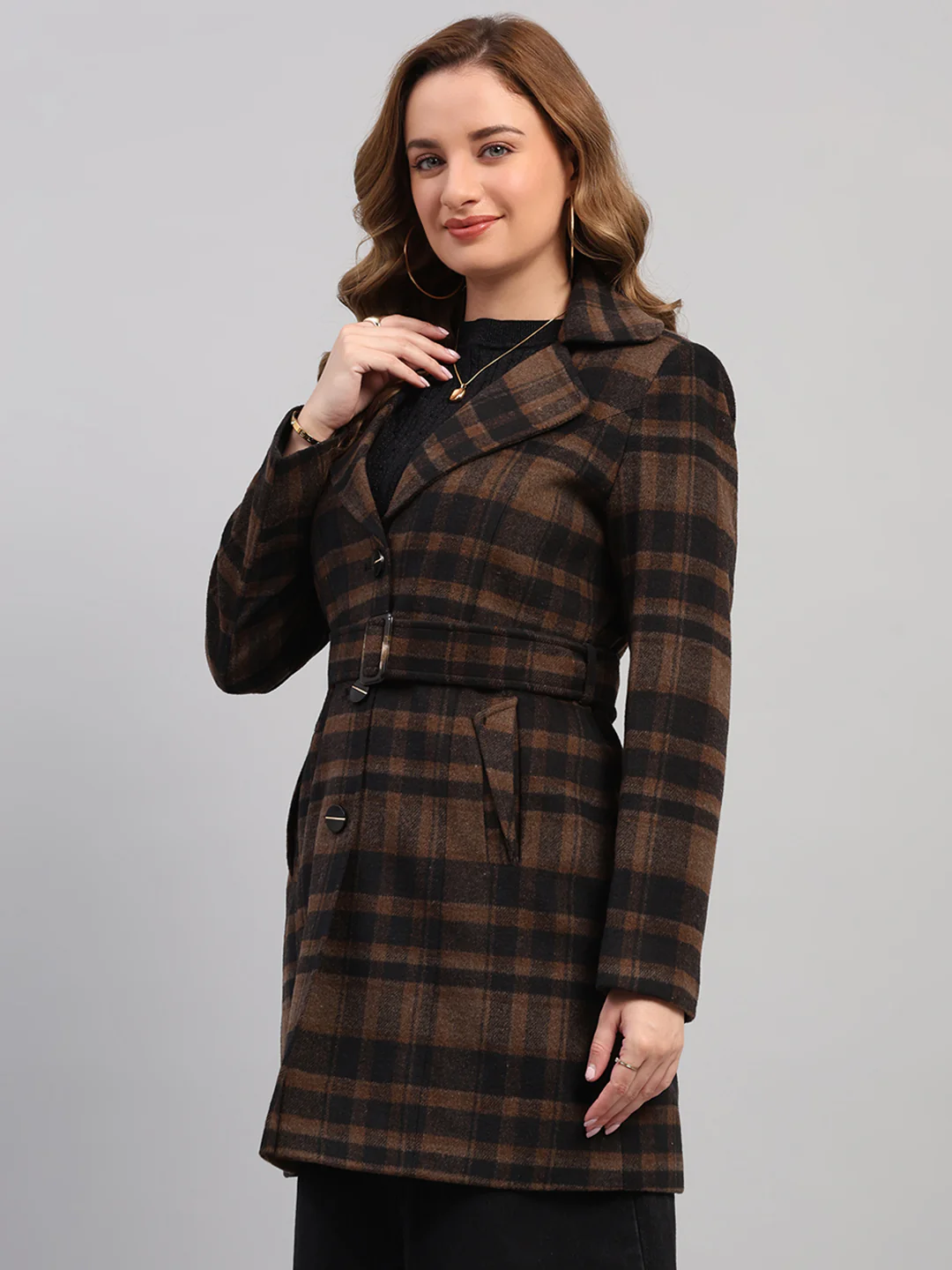 Women Camel Brown Check Collar Full Sleeve Coat - Image 3
