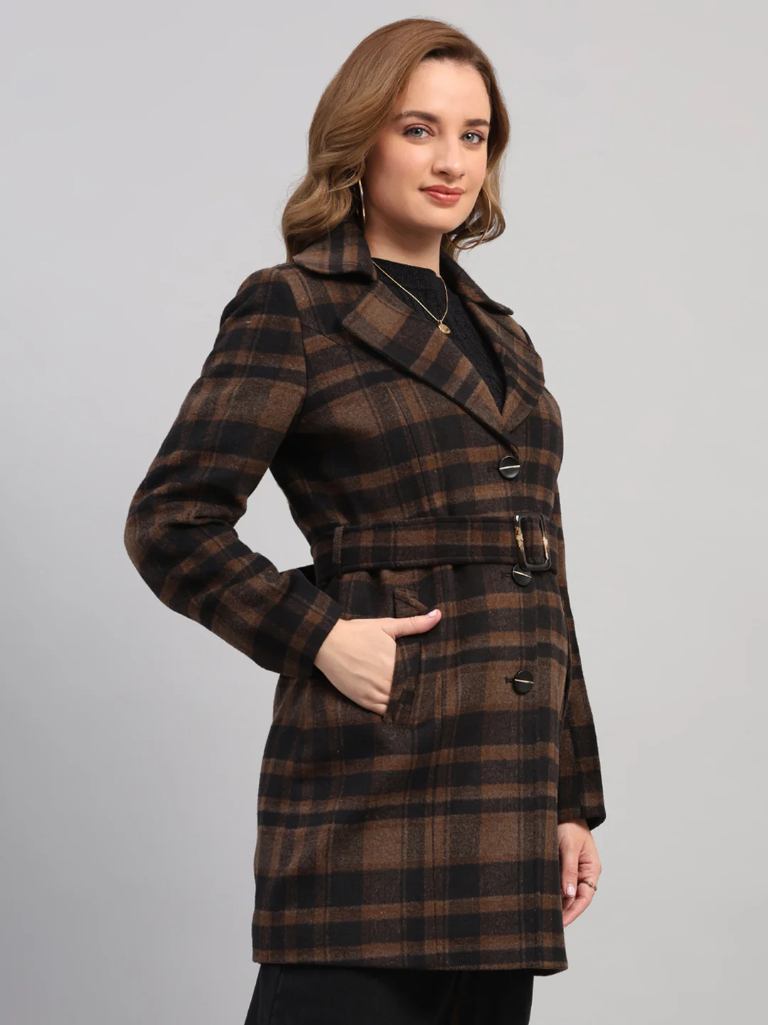 Women Camel Brown Check Collar Full Sleeve Coat - Image 4