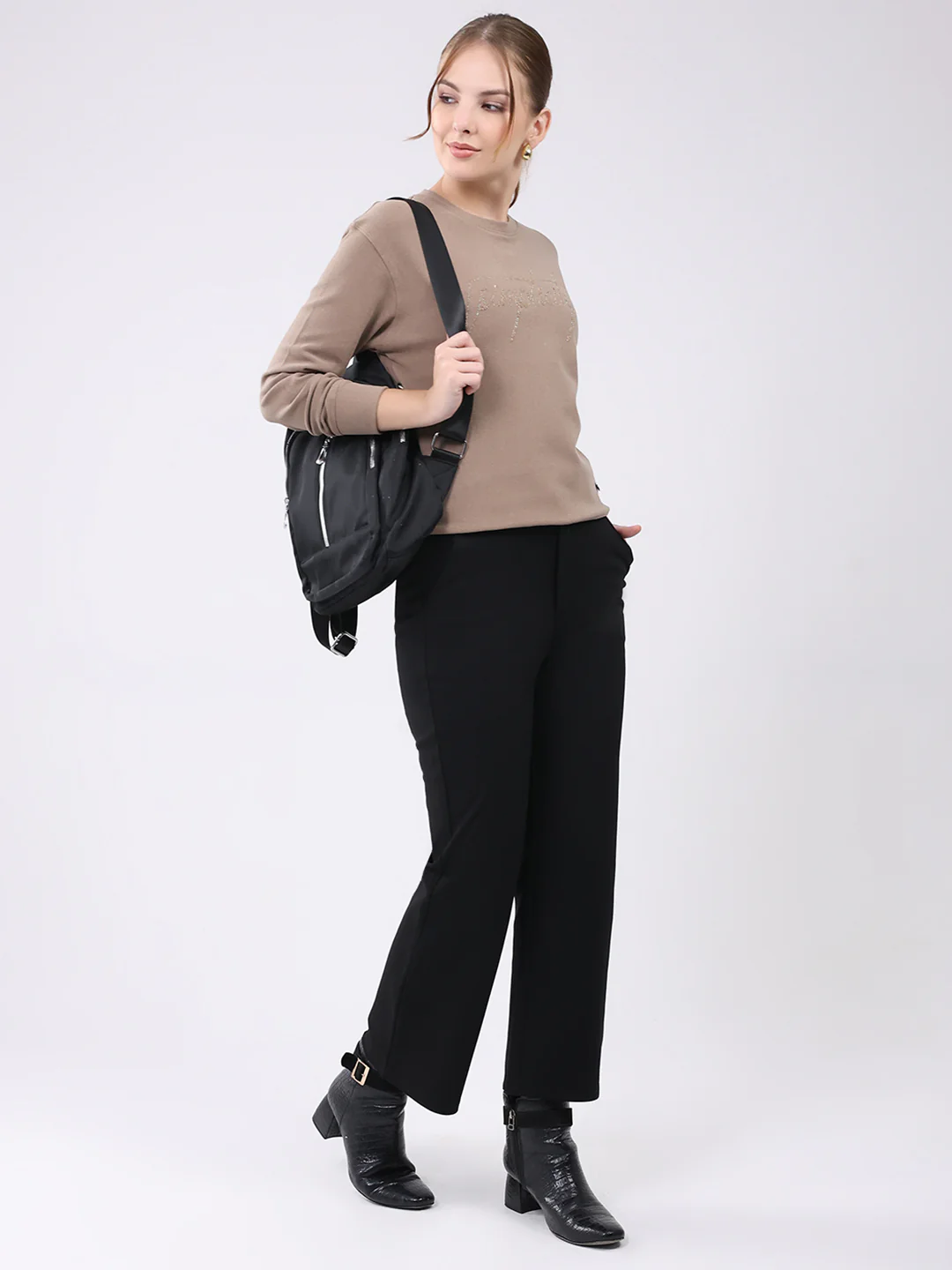 Women Camel Brown Embroidered Round Neck Full Sleeve Winter Top - Image 2