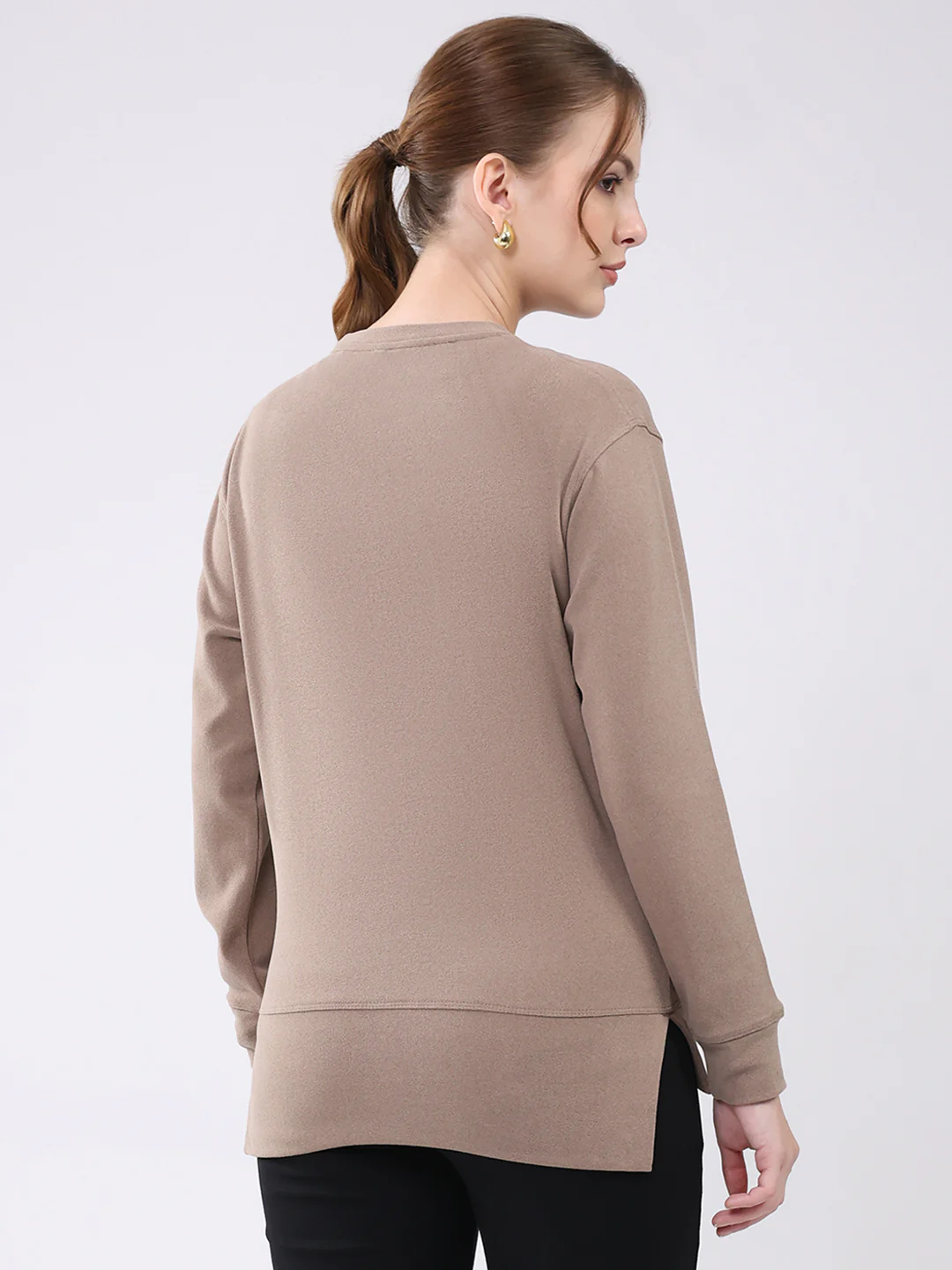 Women Camel Brown Embroidered Round Neck Full Sleeve Winter Top - Image 5