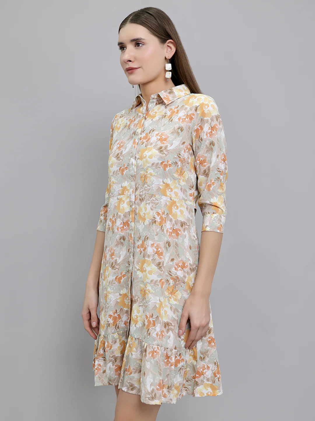 Women Camel Brown Floral Print Collar 3/4th Sleeve Tunic - Image 2