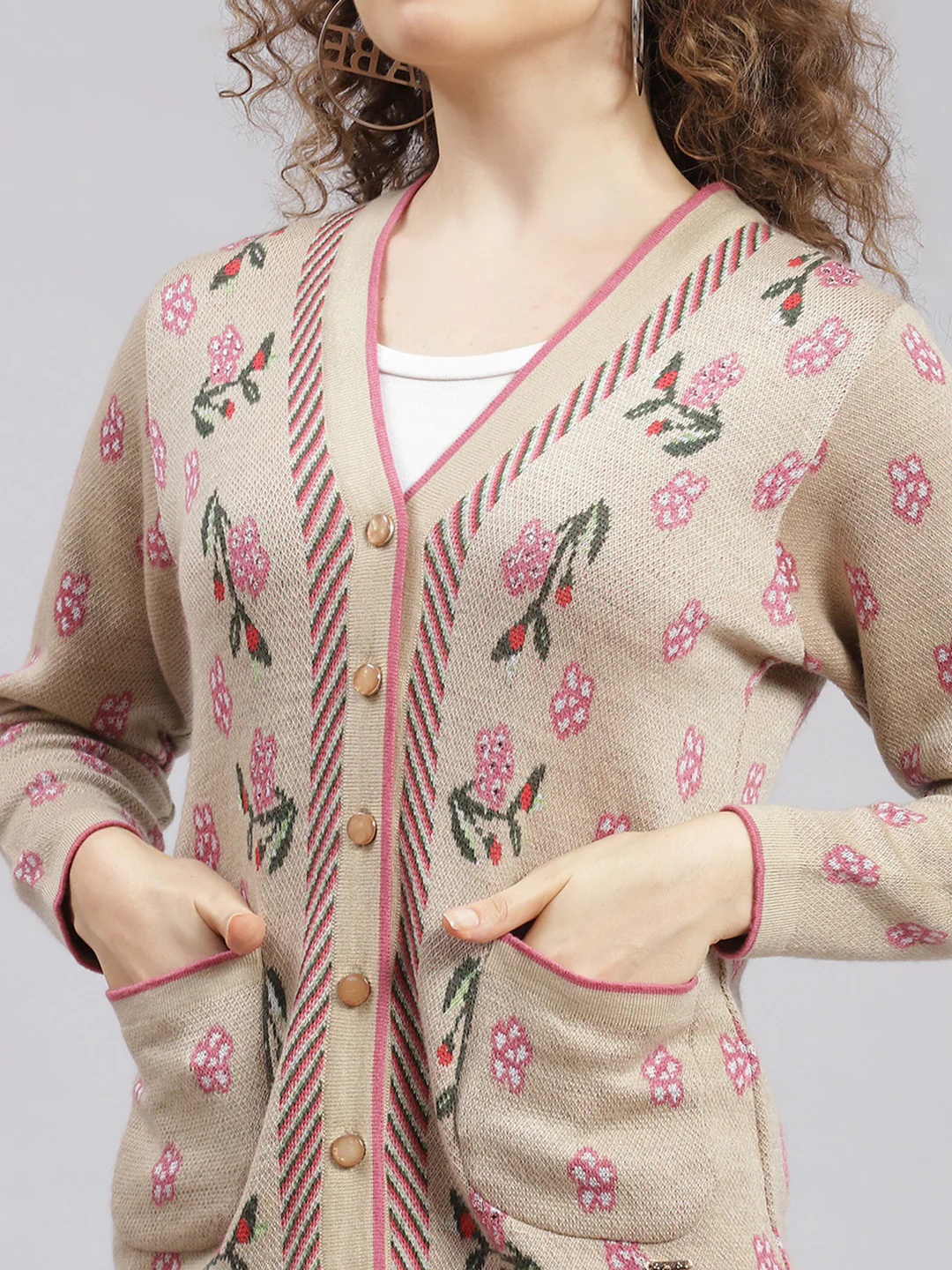 Women Camel Brown Jaquard Wool blend Cardigan - Image 6