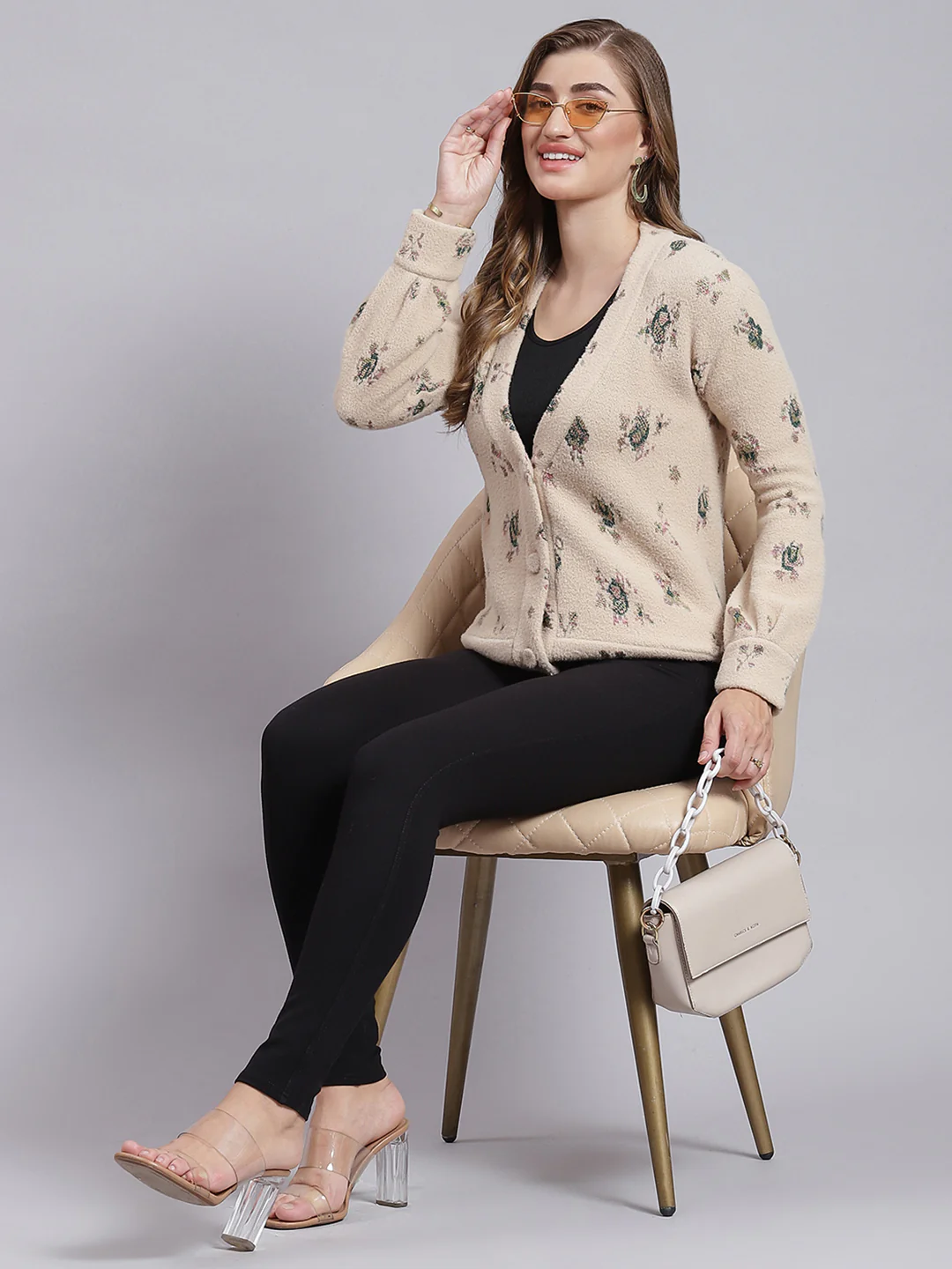 Women Camel Brown Jaquard Wool blend Cardigan - Image 5