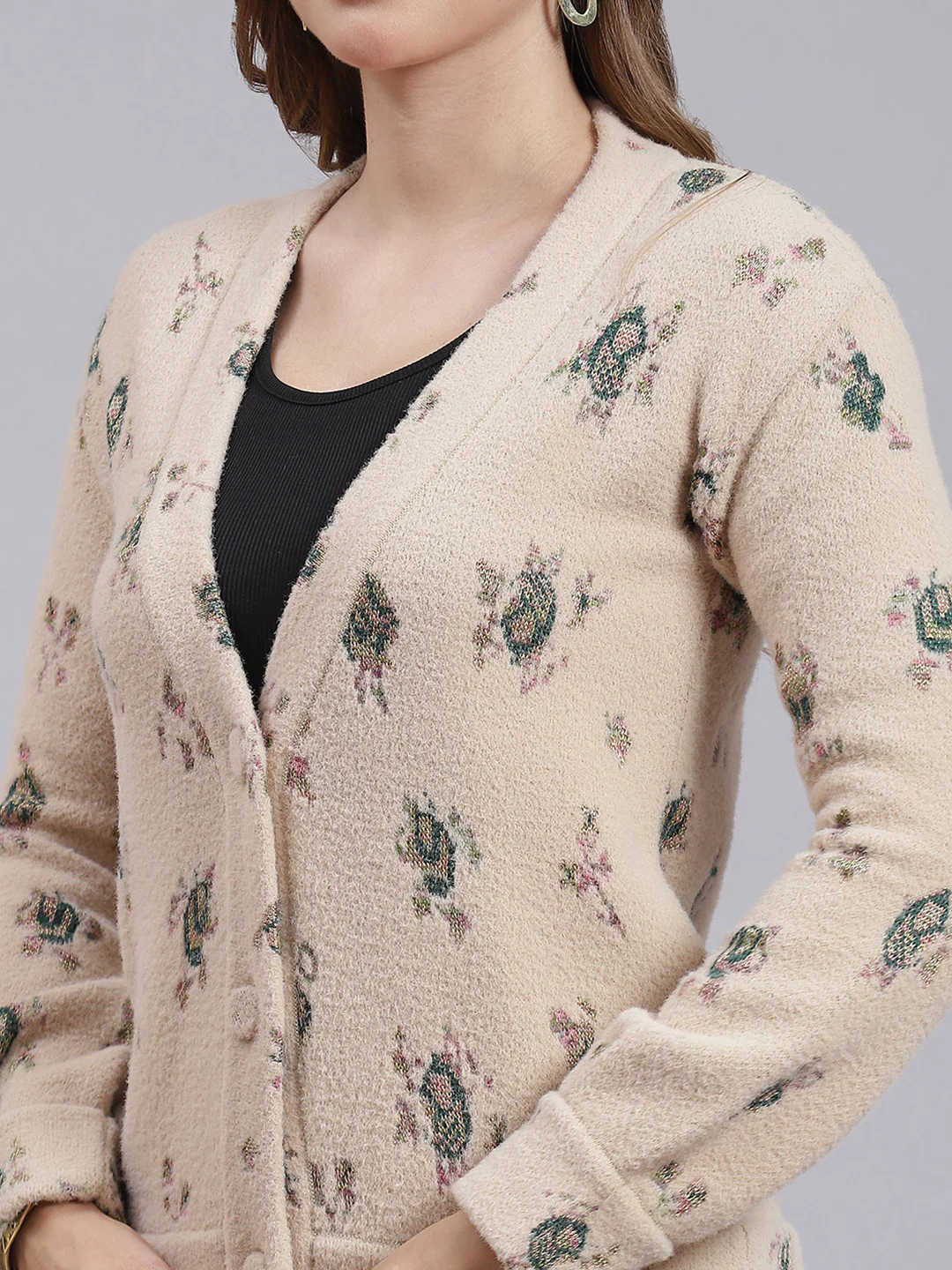 Women Camel Brown Jaquard Wool blend Cardigan - Image 6