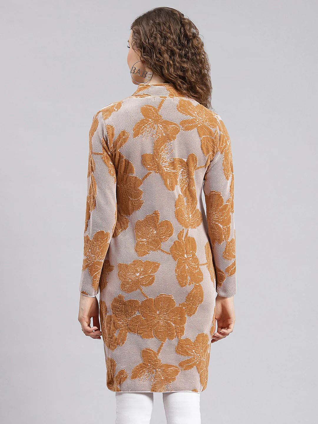 Women Camel Brown Jaquard Wool blend Knitted Coat - Image 4