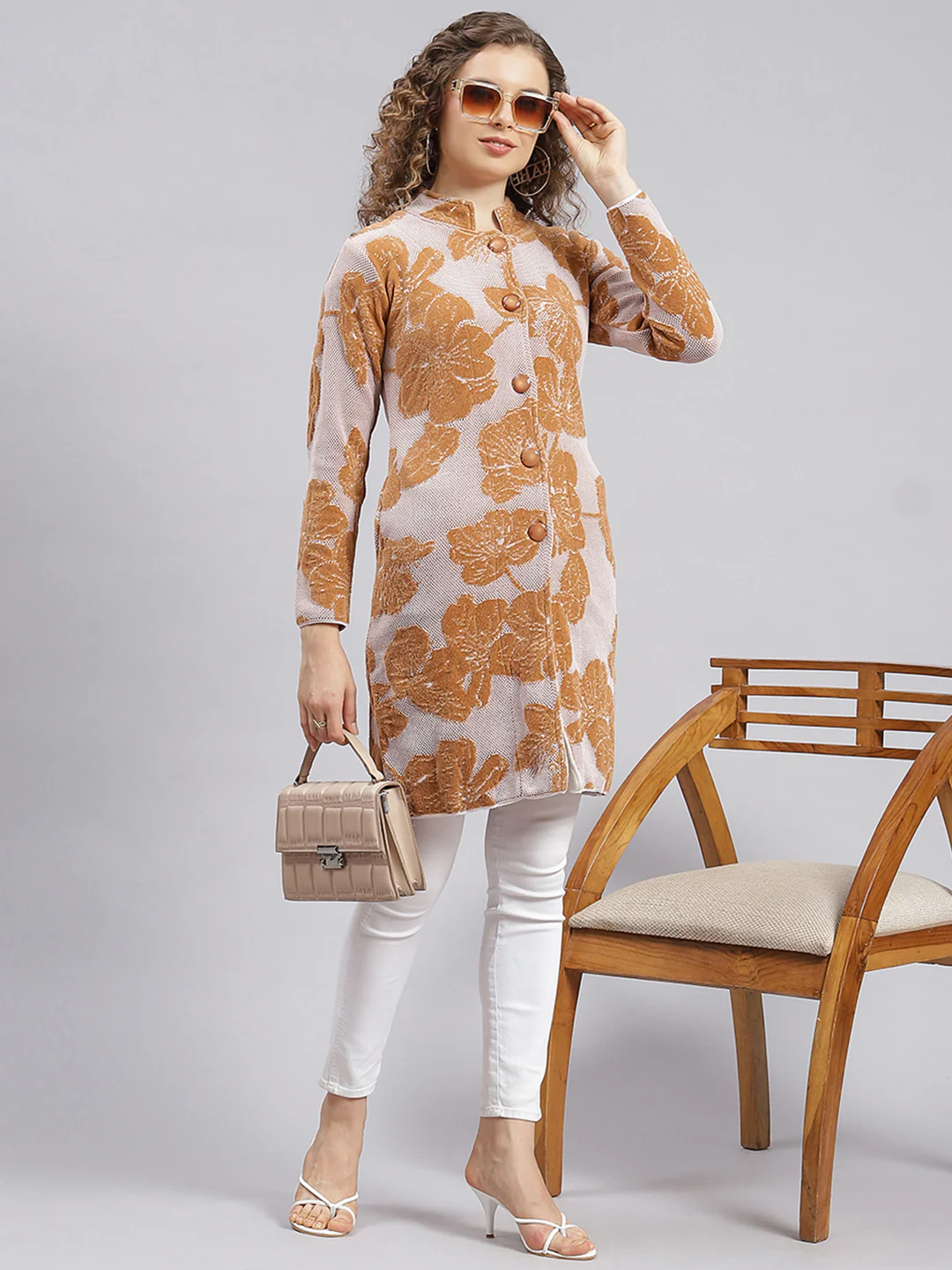 Women Camel Brown Jaquard Wool blend Knitted Coat - Image 5