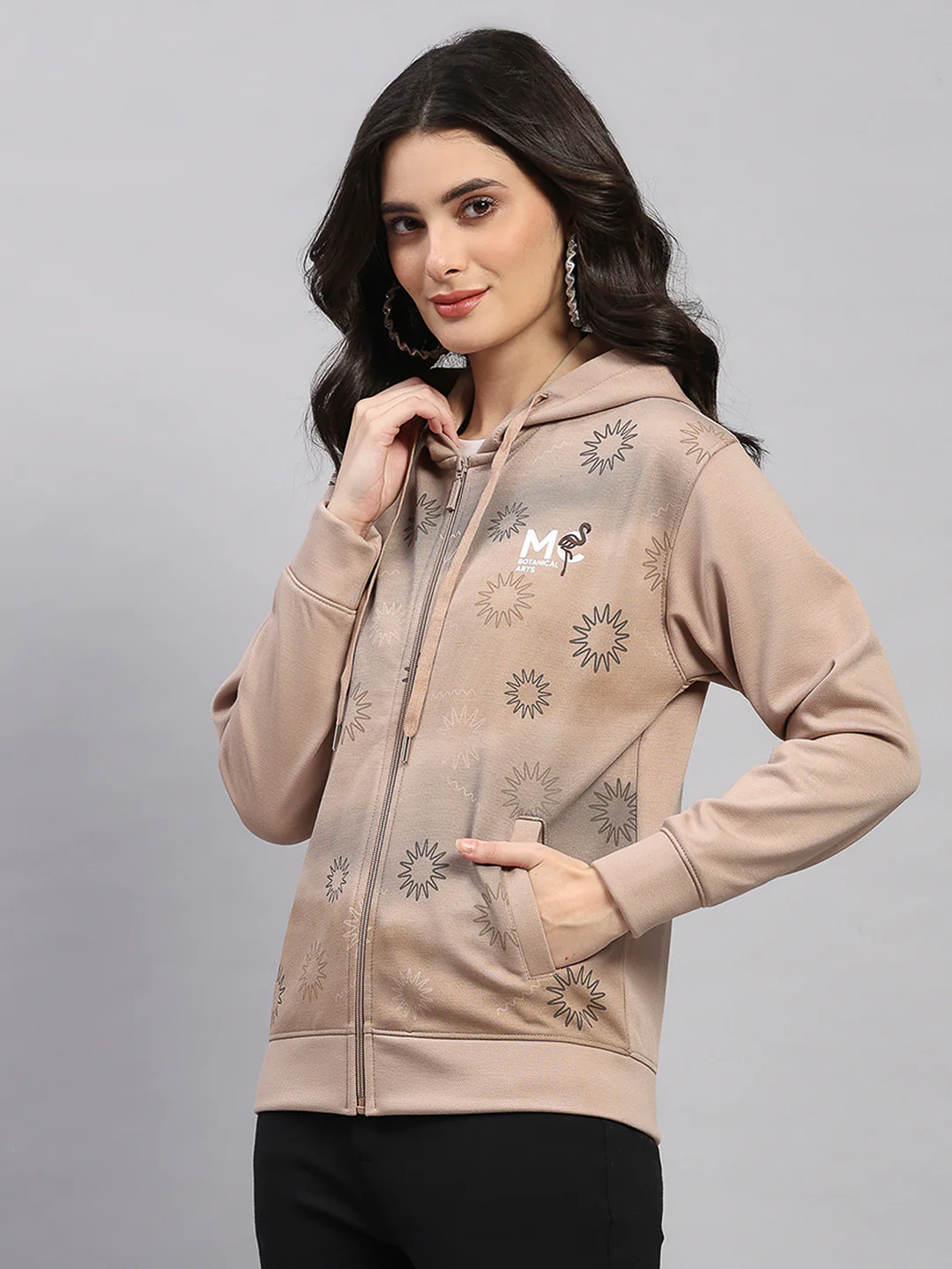Women Camel Brown Printed Hooded Full Sleeve Sweatshirt - Image 3