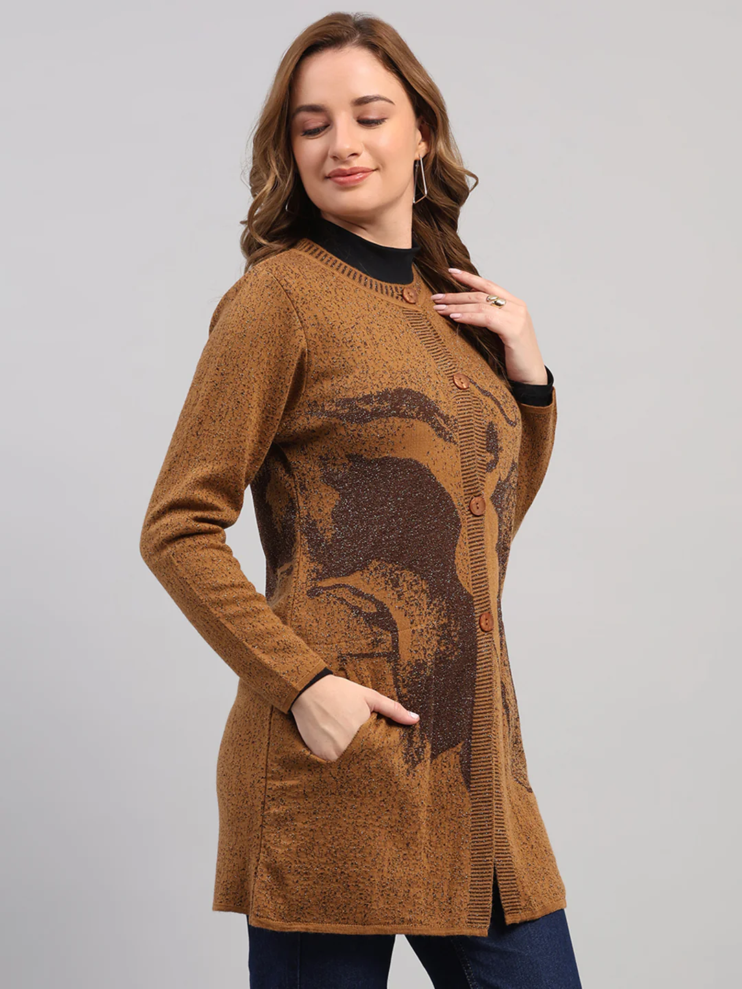 Women Camel Brown Printed Round Neck Full Sleeve Cardigan - Image 4