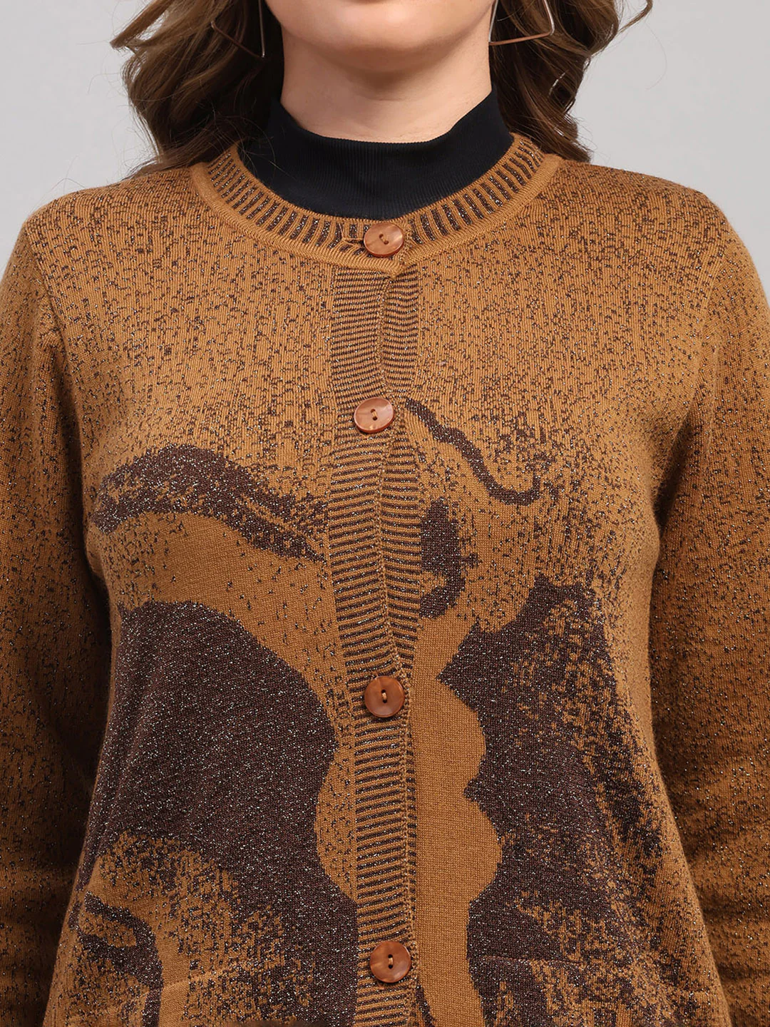 Women Camel Brown Printed Round Neck Full Sleeve Cardigan - Image 6