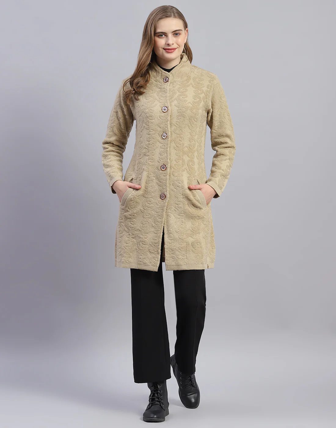 Women Camel Brown Printed Round Neck Full Sleeve Coat - Image 2