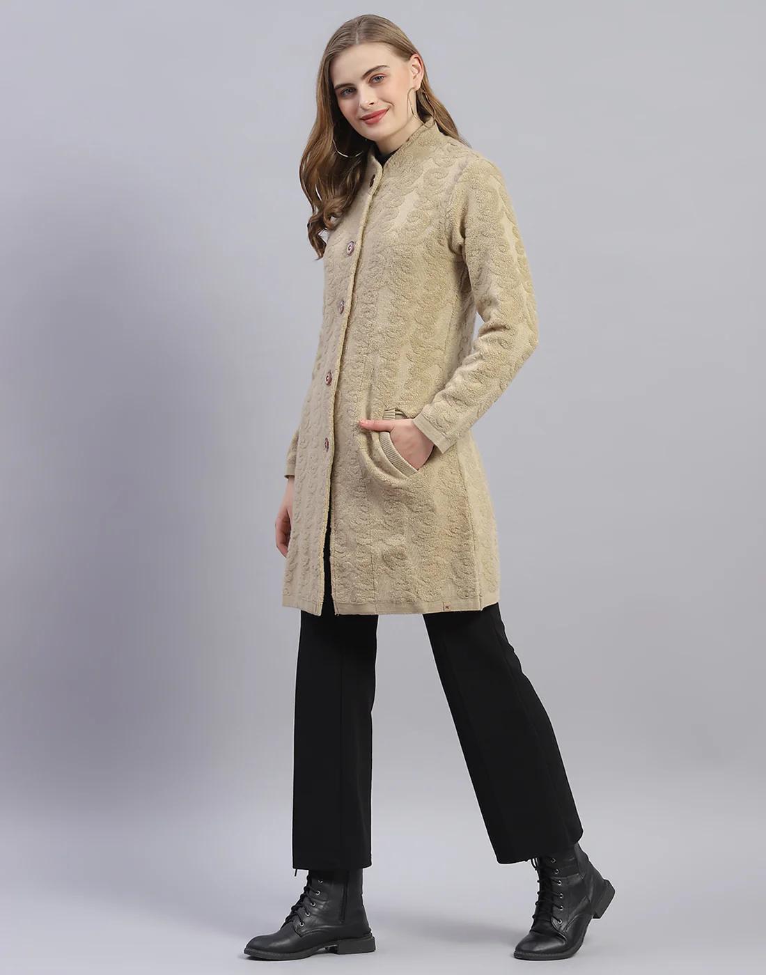Women Camel Brown Printed Round Neck Full Sleeve Coat - Image 3
