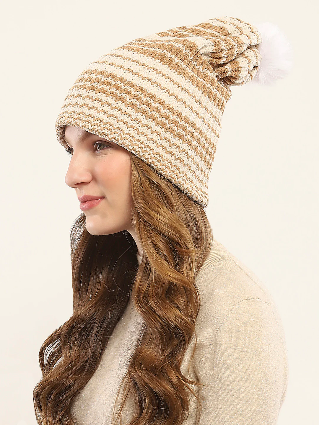 Women Camel Brown Self Design Cap - Image 3
