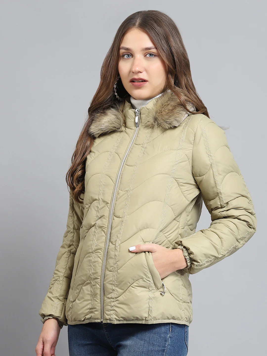 Women Camel Brown Self Design Collar Full Sleeve Jacket - Image 3